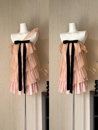 Romantic Dusty Blush One Shoulder Polka Dot Bow A Line Short Homecoming Dress AS3177