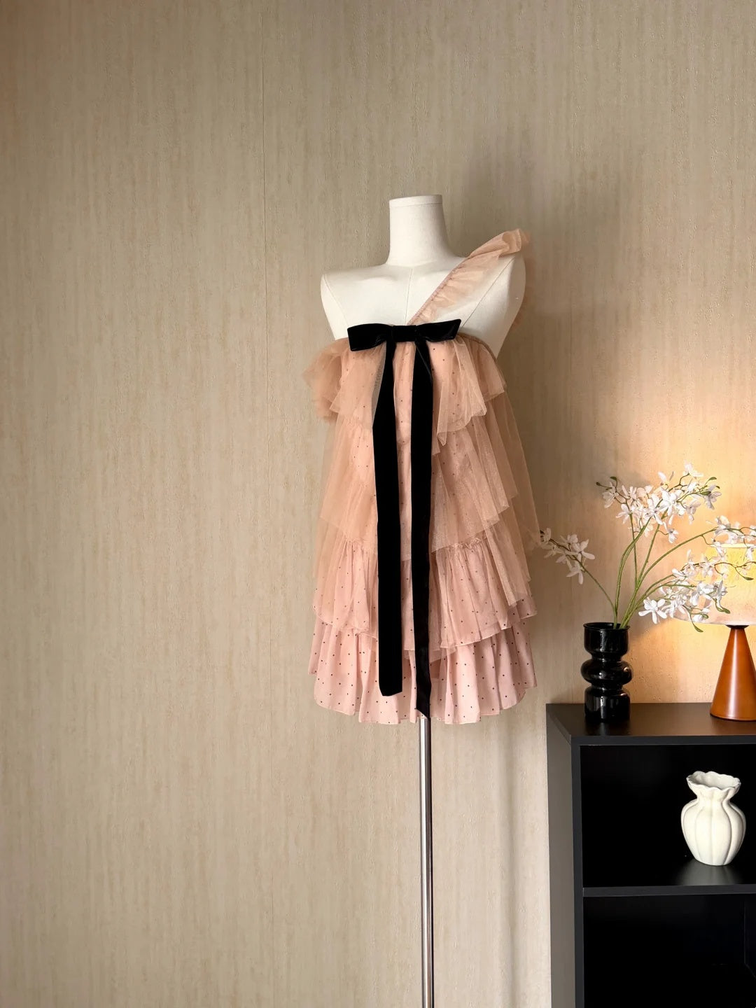 Romantic Dusty Blush One Shoulder Polka Dot Bow A Line Short Homecoming Dress AS3177