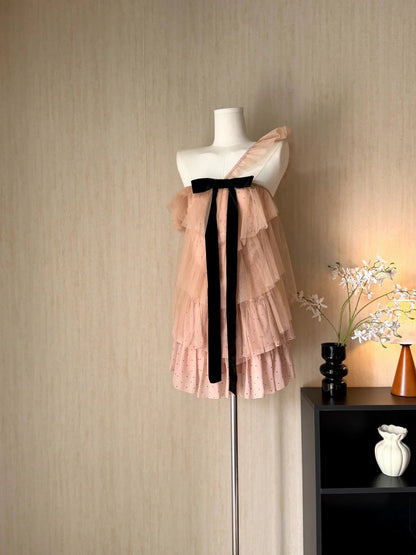 Romantic Dusty Blush One Shoulder Polka Dot Bow A Line Short Homecoming Dress AS3177