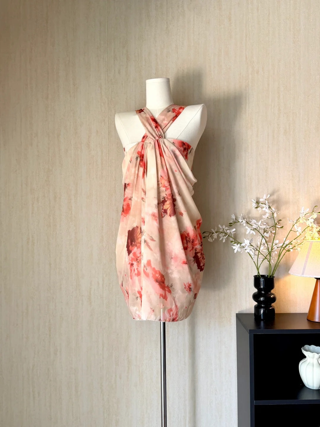 Elegant Halter Red Floral Print Draped Chiffon Sheath Short Homecoming Dress AS3178