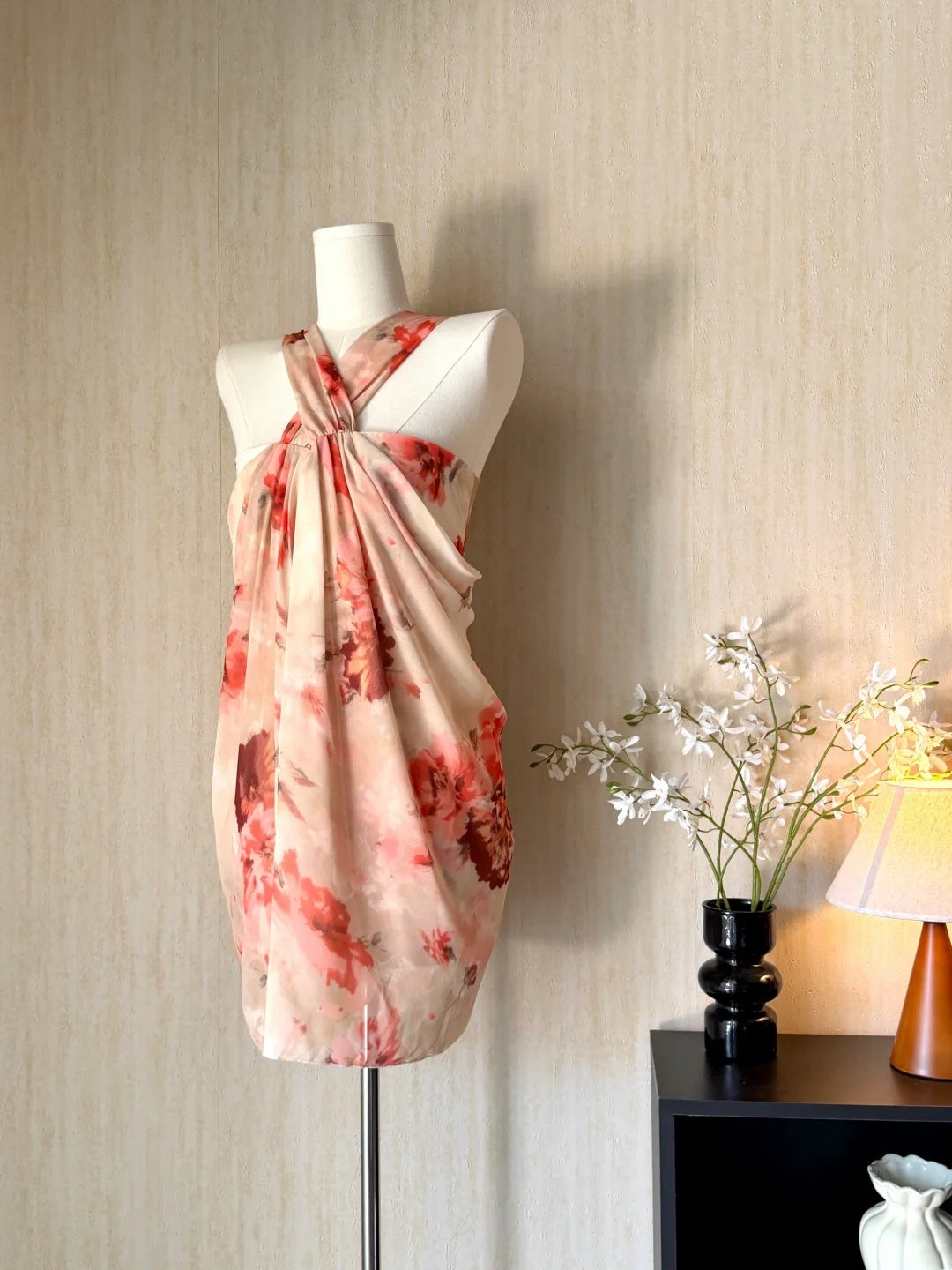 Elegant Halter Red Floral Print Draped Chiffon Sheath Short Homecoming Dress AS3178