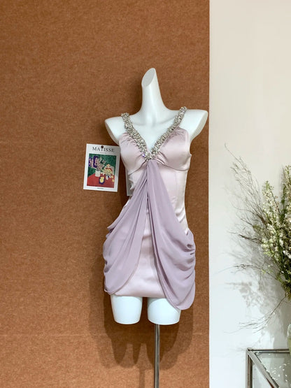Luxury Pale Lavender V-Neck Rhinestone Straps Draped Bodycon Short Homecoming Dress AS3179