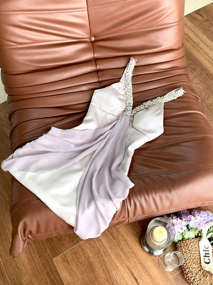 Luxury Pale Lavender V-Neck Rhinestone Straps Draped Bodycon Short Homecoming Dress AS3179