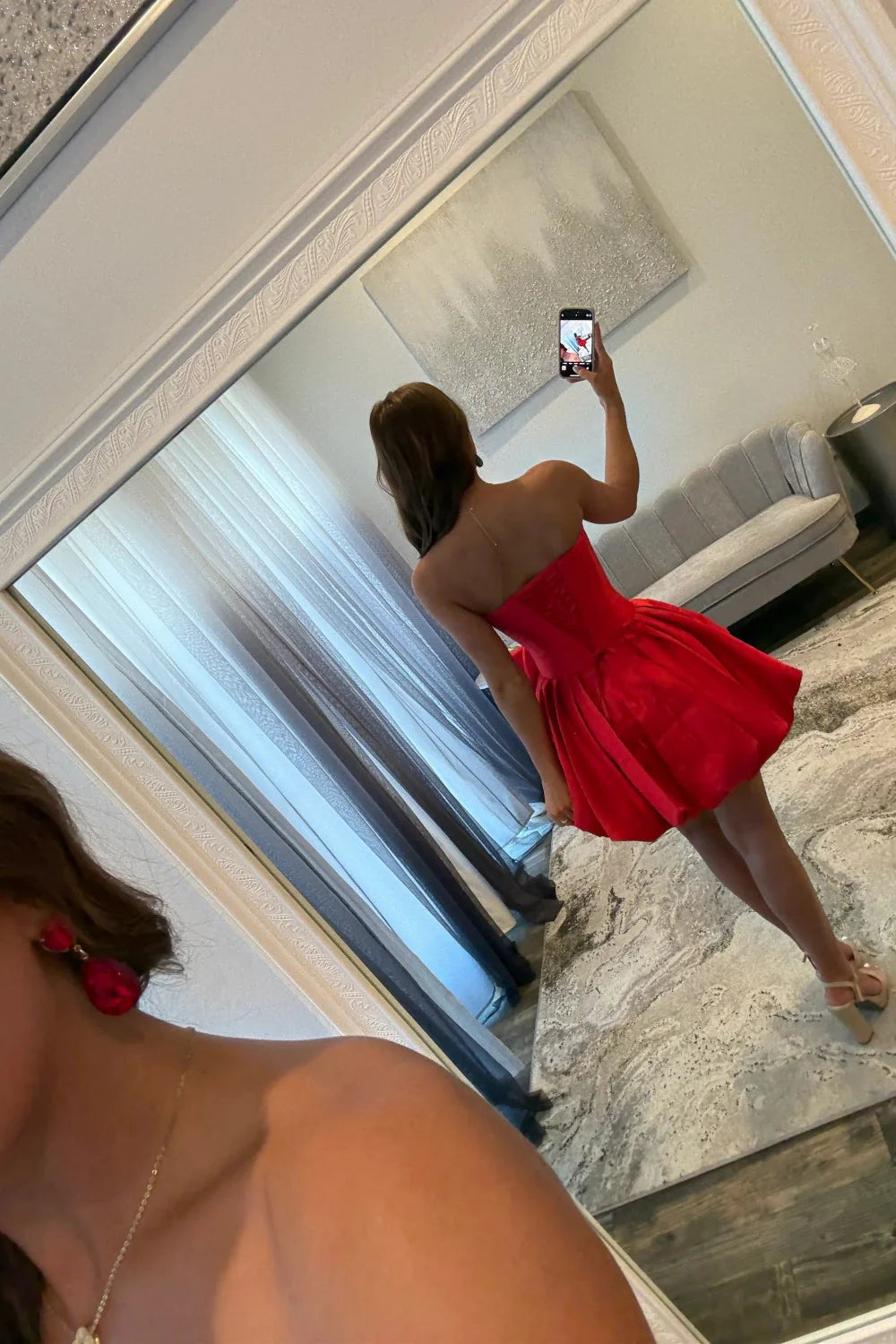 Strapless Red Corset Homecoming Dress With Dramatic Rose Detail AS318