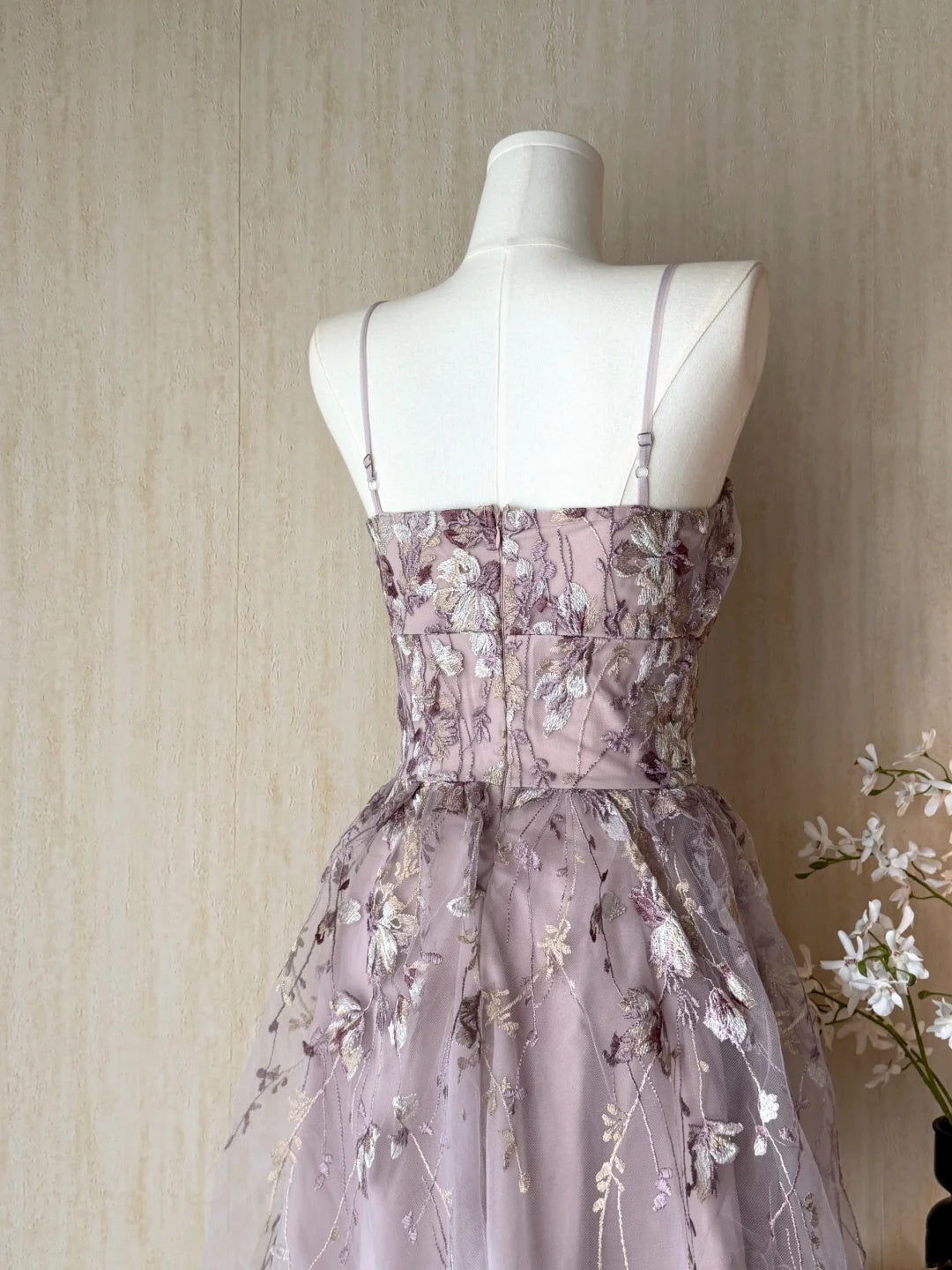 Romantic Dusty Mauve Spaghetti Straps Floral Embroidery Tulle A-Line Short Homecoming Dress AS3180