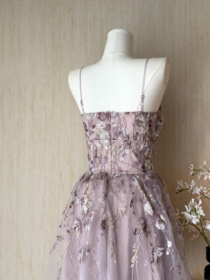 Romantic Dusty Mauve Spaghetti Straps Floral Embroidery Tulle A-Line Short Homecoming Dress AS3180