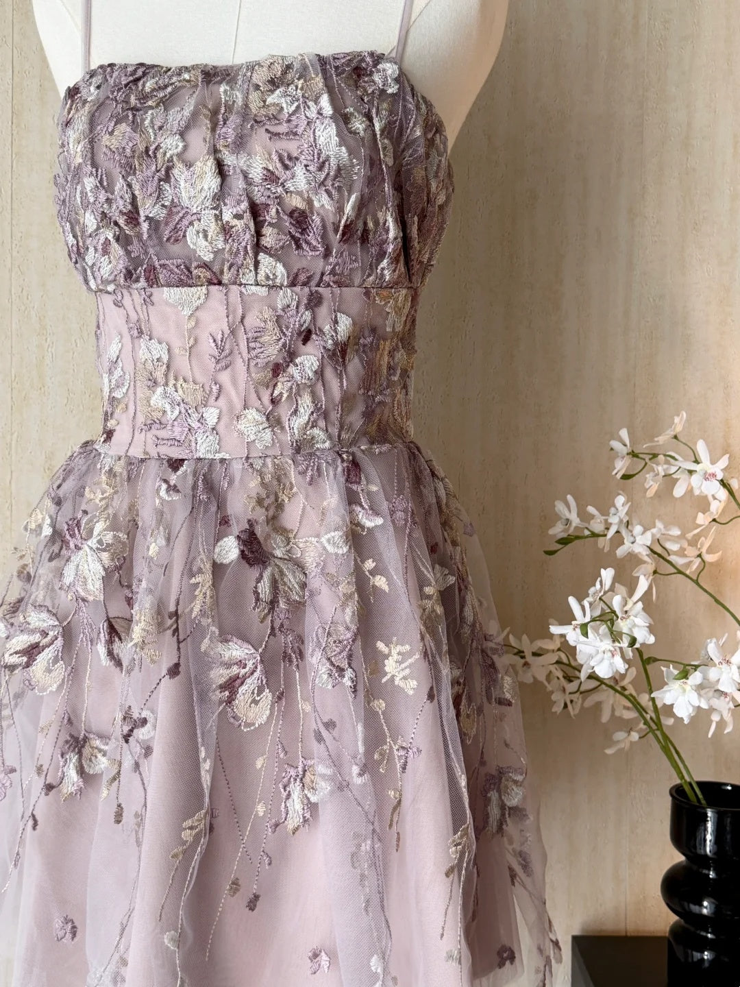 Romantic Dusty Mauve Spaghetti Straps Floral Embroidery Tulle A-Line Short Homecoming Dress AS3180