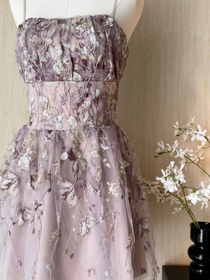 Romantic Dusty Mauve Spaghetti Straps Floral Embroidery Tulle A-Line Short Homecoming Dress AS3180