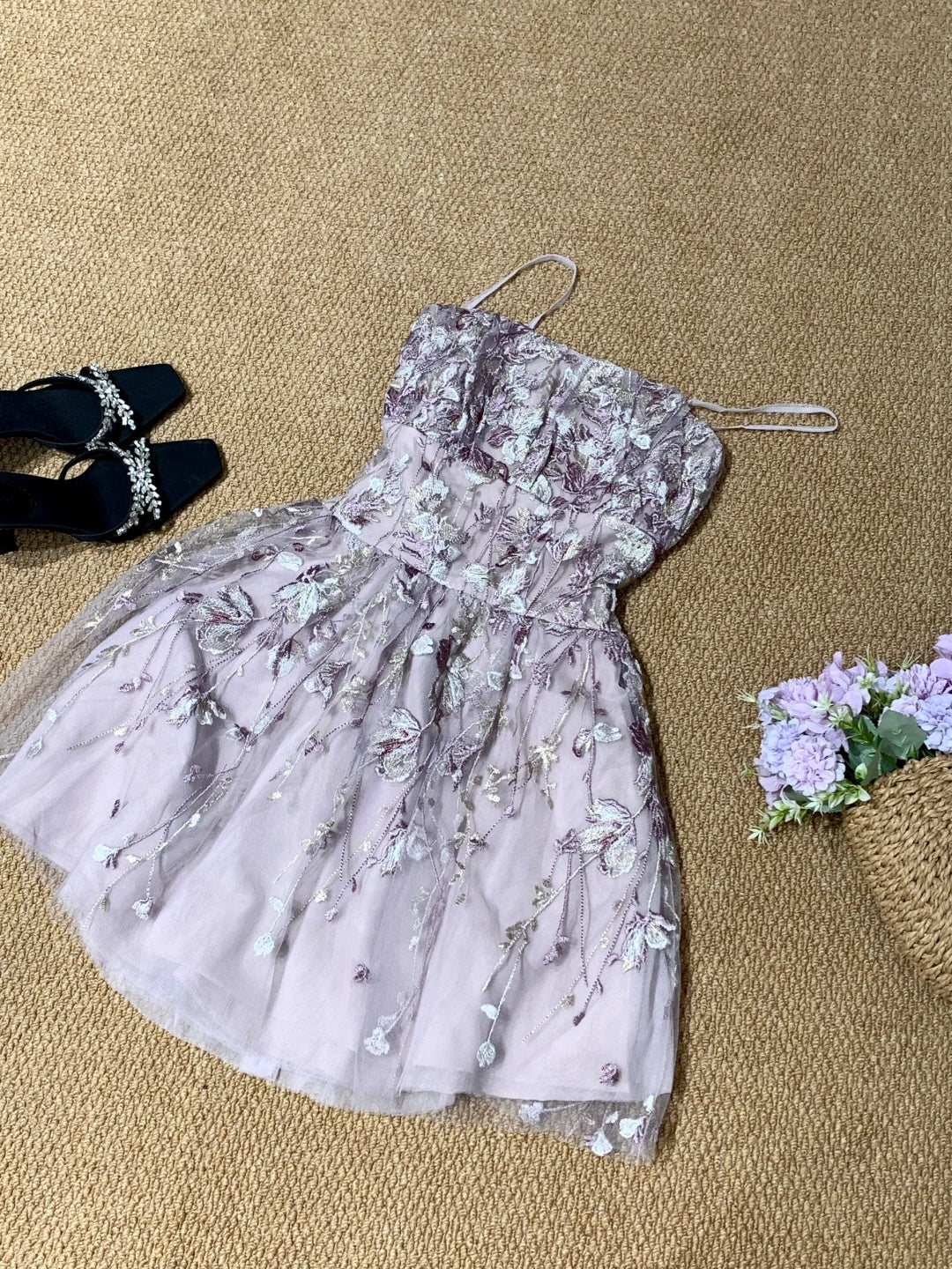 Romantic Dusty Mauve Spaghetti Straps Floral Embroidery Tulle A-Line Short Homecoming Dress AS3180