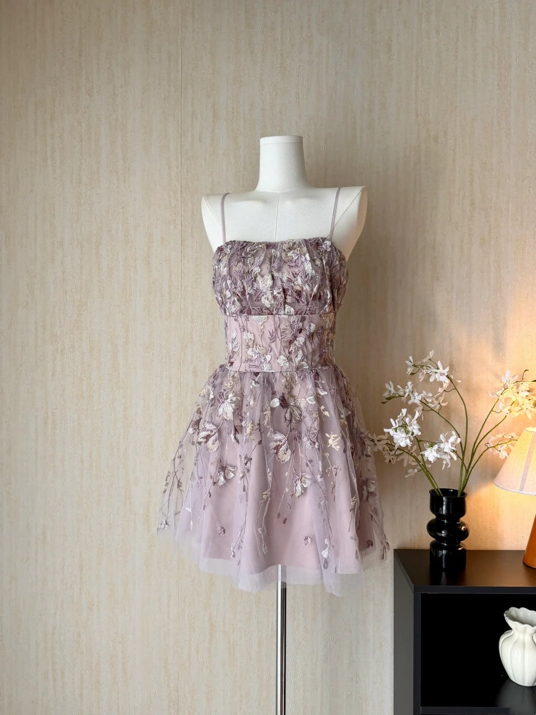 Romantic Dusty Mauve Spaghetti Straps Floral Embroidery Tulle A-Line Short Homecoming Dress AS3180