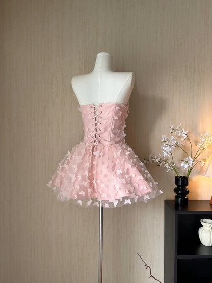 Sweet Pink Strapless 3D Buttlefly Appliques A-Line Short Homecoming Dress Birthday Party Dress AS3184