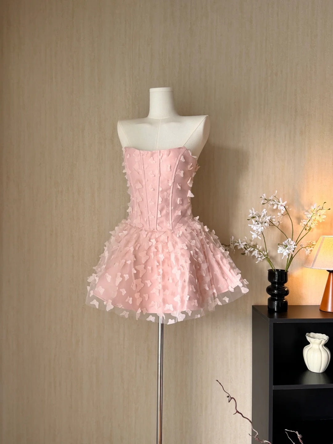 Sweet Pink Strapless 3D Buttlefly Appliques A-Line Short Homecoming Dress Birthday Party Dress AS3184