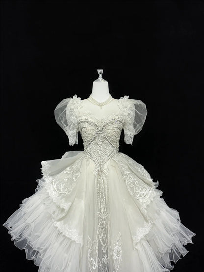 Exquisite Ivory Sweetheart Puff Short Sleeves Beaded Lace A Line Short Short Homecoming Dress Birthday Wedding Dress AS3187