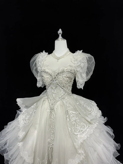 Exquisite Ivory Sweetheart Puff Short Sleeves Beaded Lace A Line Short Short Homecoming Dress Birthday Wedding Dress AS3187
