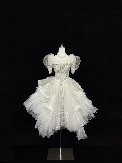 Exquisite Ivory Sweetheart Puff Short Sleeves Beaded Lace A Line Short Short Homecoming Dress Birthday Wedding Dress AS3187