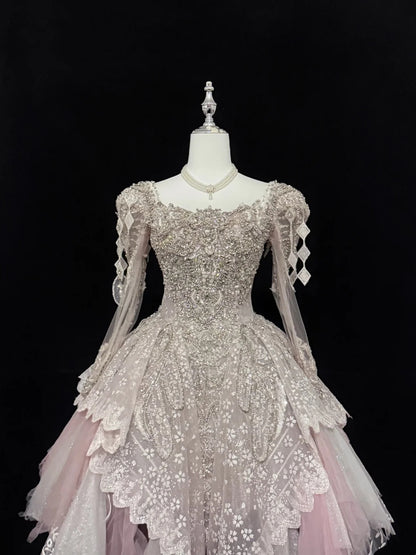 Luxury Pink Square Neck Long Sheer Sleeves Heavy Beaded Sequin A Line Short Homecoming Dress Birthday Party Dress AS3188