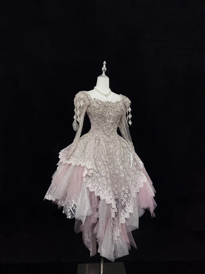 Luxury Pink Square Neck Long Sheer Sleeves Heavy Beaded Sequin A Line Short Homecoming Dress Birthday Party Dress AS3188
