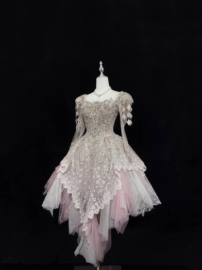 Luxury Pink Square Neck Long Sheer Sleeves Heavy Beaded Sequin A Line Short Homecoming Dress Birthday Party Dress AS3188