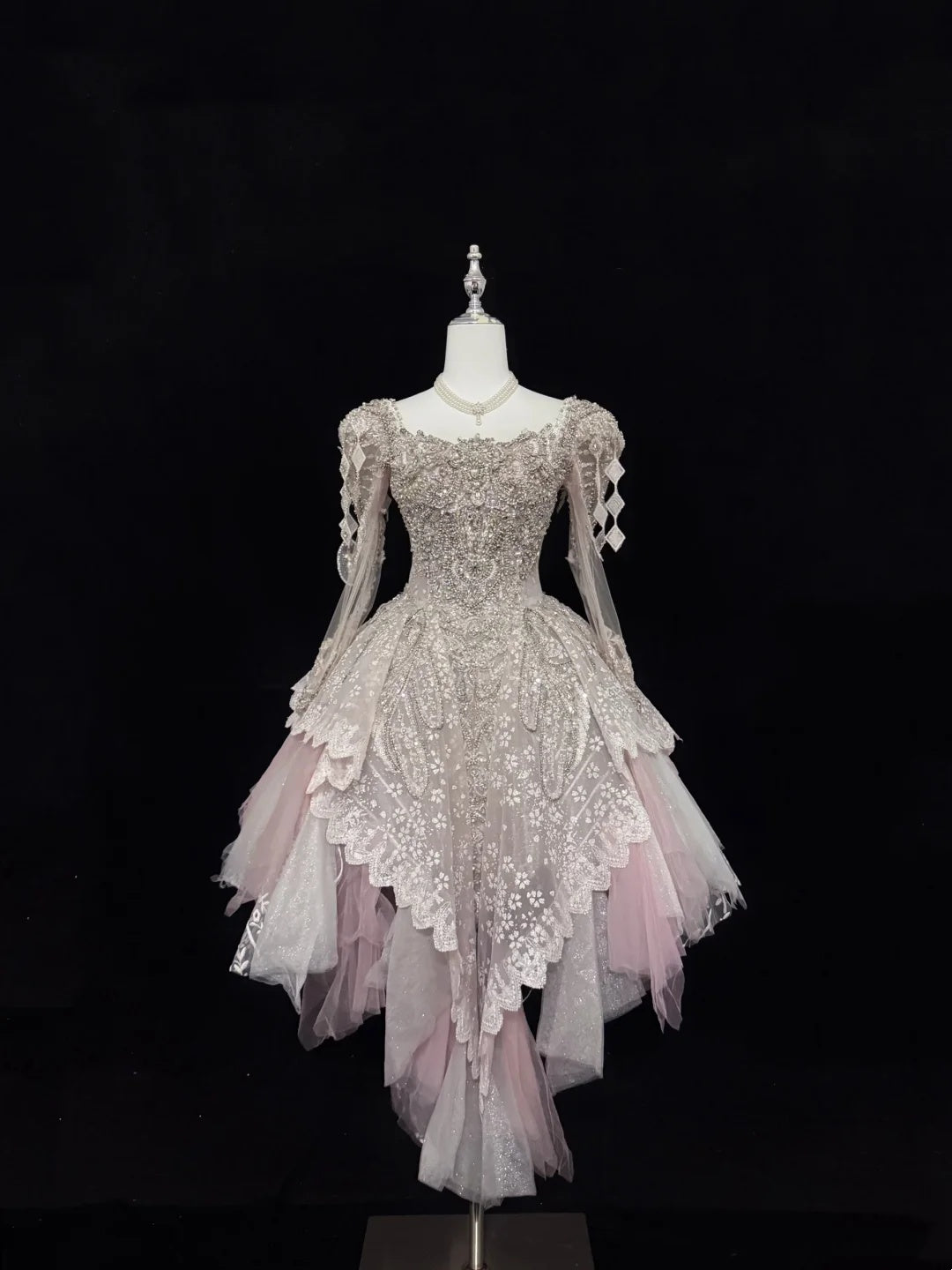 Luxury Pink Square Neck Long Sheer Sleeves Heavy Beaded Sequin A Line Short Homecoming Dress Birthday Party Dress AS3188