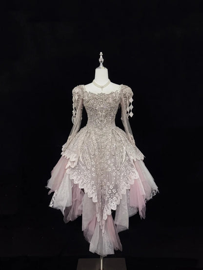 Luxury Pink Square Neck Long Sheer Sleeves Heavy Beaded Sequin A Line Short Homecoming Dress Birthday Party Dress AS3188