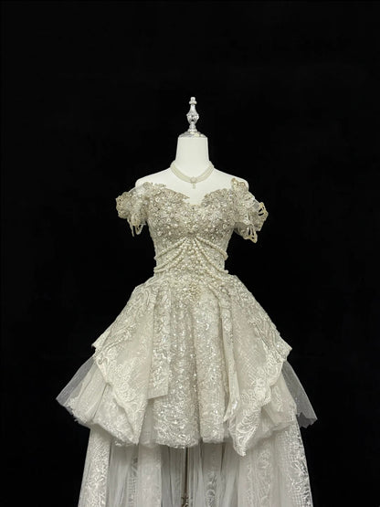 Glamorous Ivory Off The Shoulder Heavy Beaded Pearl Lace High Low A Line Short Homecoming Dress Birthday Wedding Dress AS3189