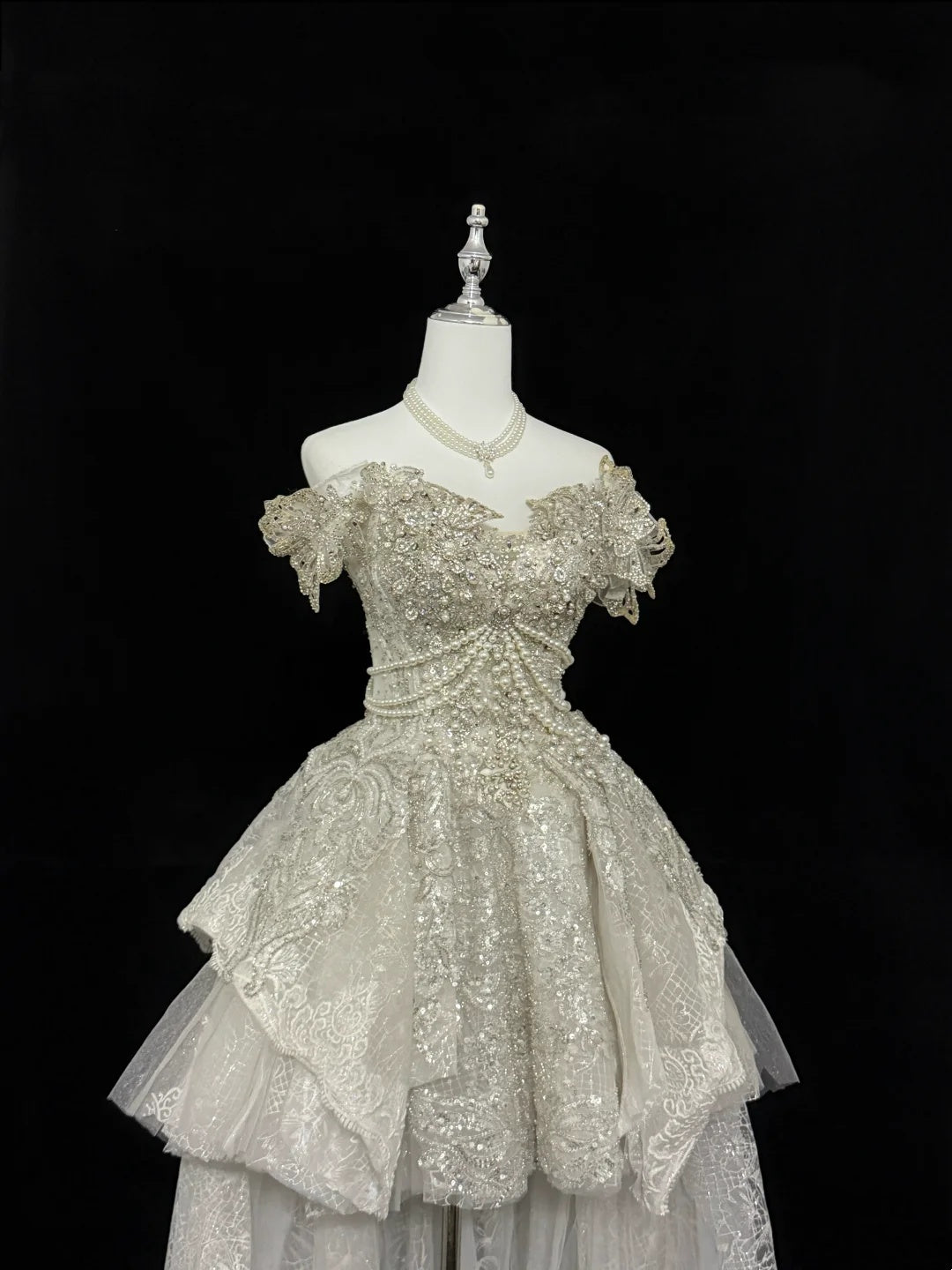 Glamorous Ivory Off The Shoulder Heavy Beaded Pearl Lace High Low A Line Short Homecoming Dress Birthday Wedding Dress AS3189