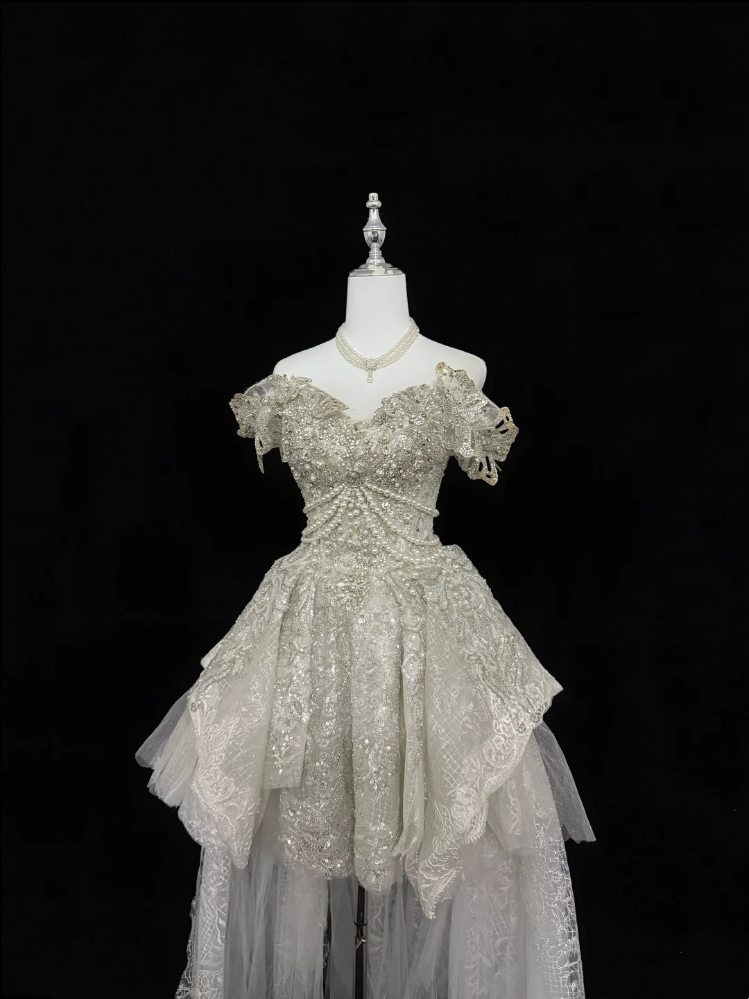 Glamorous Ivory Off The Shoulder Heavy Beaded Pearl Lace High Low A Line Short Homecoming Dress Birthday Wedding Dress AS3189