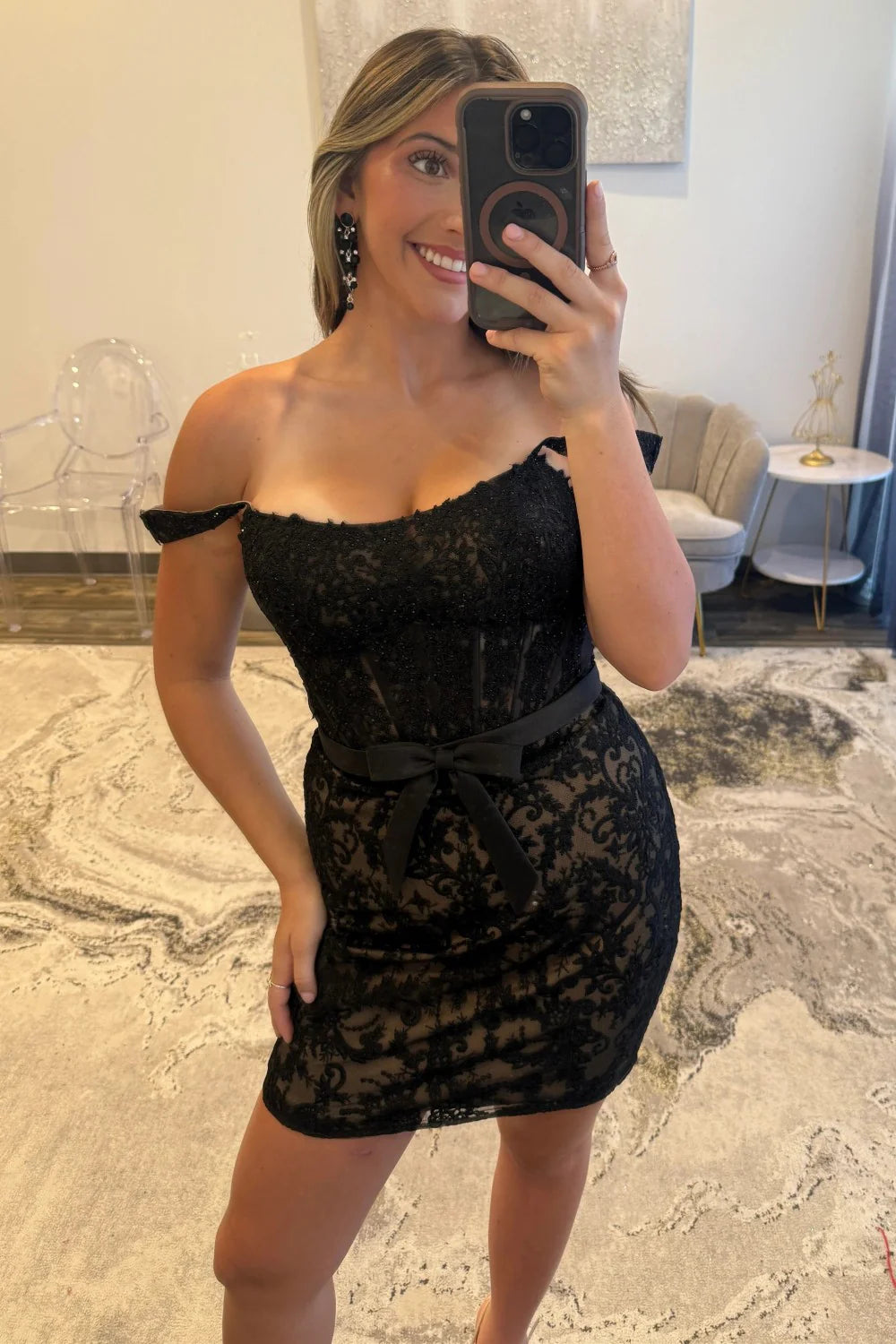 Elegant Off-Shoulder Lace Bodycon Homecoming Dress With Bow Waist AS319