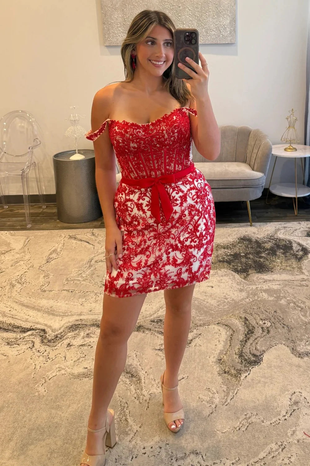 Elegant Off-Shoulder Lace Bodycon Homecoming Dress With Bow Waist AS319
