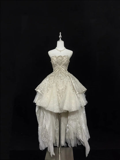 Opulent Ivory Strapless Heavy Beaded High Low A Line Short Homecoming Dress Birthday Wedding Dress AS3190