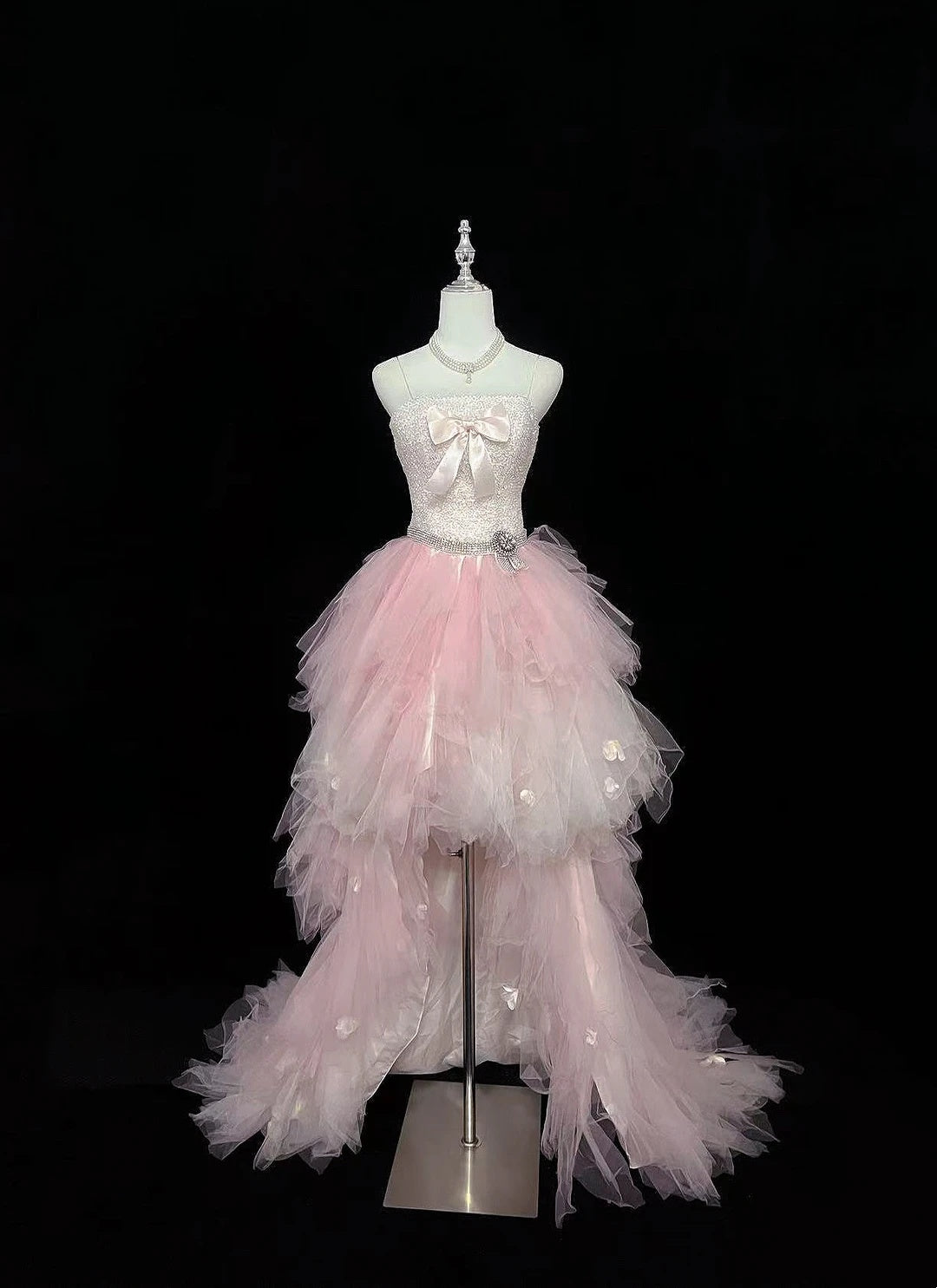 Ethereal Pink Spaghetti Straps Bow Sequin Beaded Appliques A Line Short Homecoming Dress With Train Birthday Party Dress AS3191