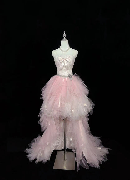 Ethereal Pink Spaghetti Straps Bow Sequin Beaded Appliques A Line Short Homecoming Dress With Train Birthday Party Dress AS3191
