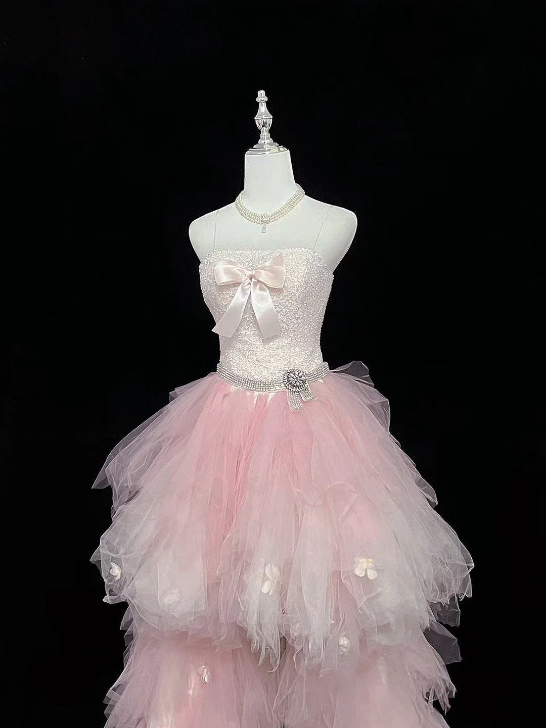 Ethereal Pink Spaghetti Straps Bow Sequin Beaded Appliques A Line Short Homecoming Dress With Train Birthday Party Dress AS3191
