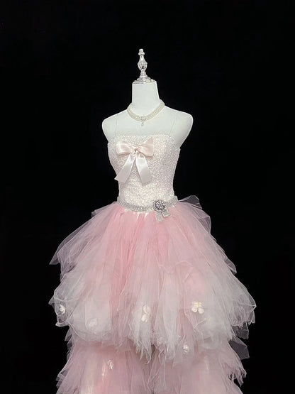 Ethereal Pink Spaghetti Straps Bow Sequin Beaded Appliques A Line Short Homecoming Dress With Train Birthday Party Dress AS3191