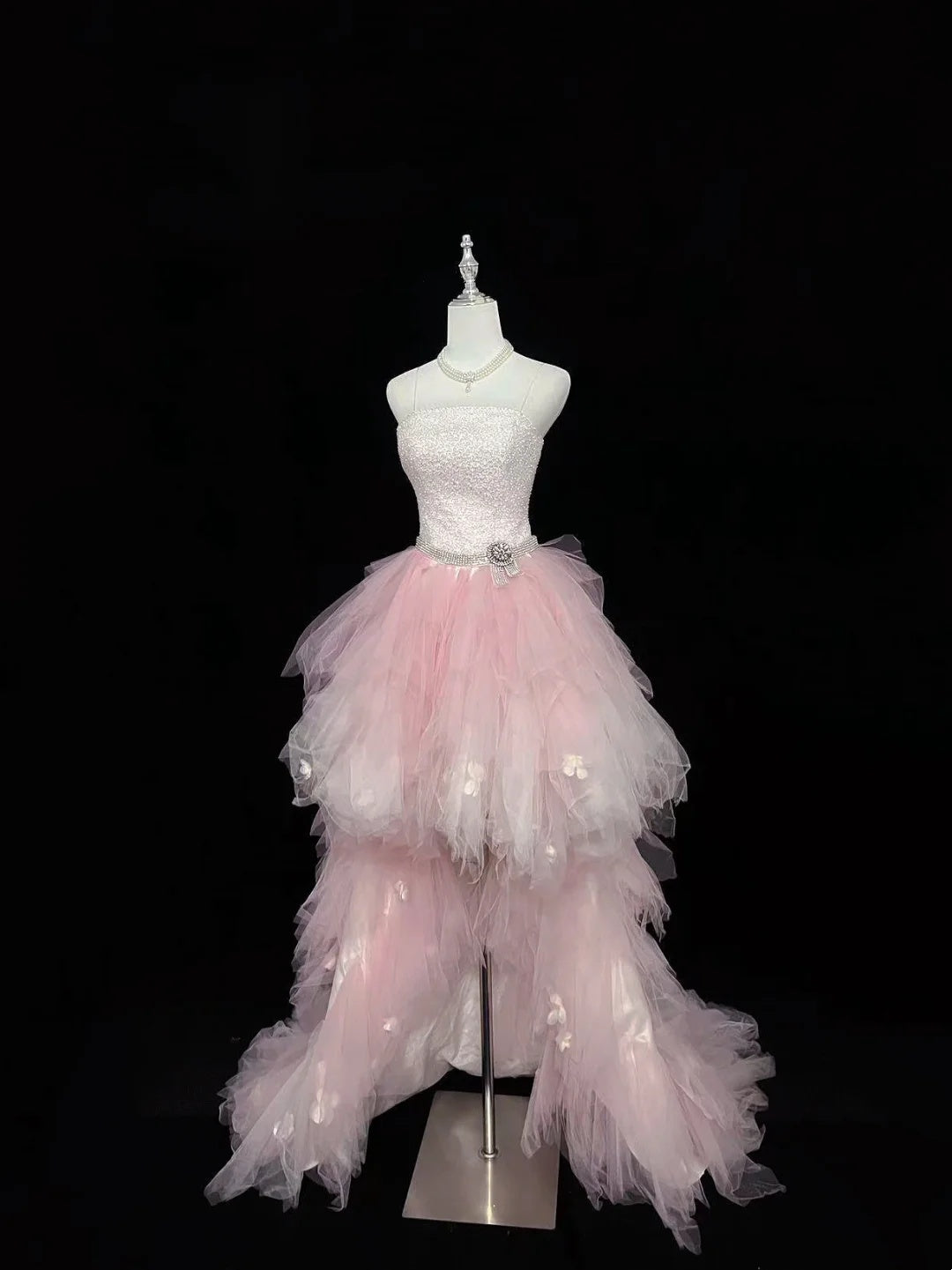 Ethereal Pink Spaghetti Straps Bow Sequin Beaded Appliques A Line Short Homecoming Dress With Train Birthday Party Dress AS3191