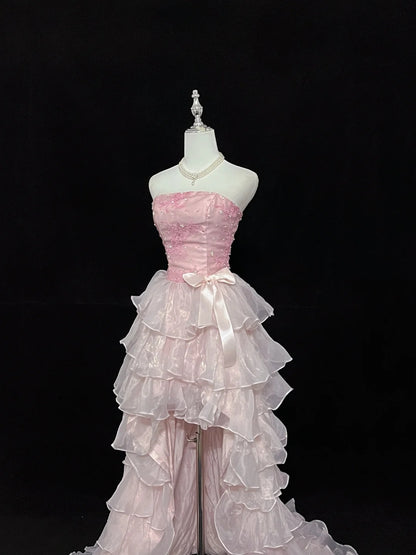 Romantic Pink Strapless Floral Appliques Beaded Bow A Line Short Homecoming Dress With Train Birthday Party Dress AS3192