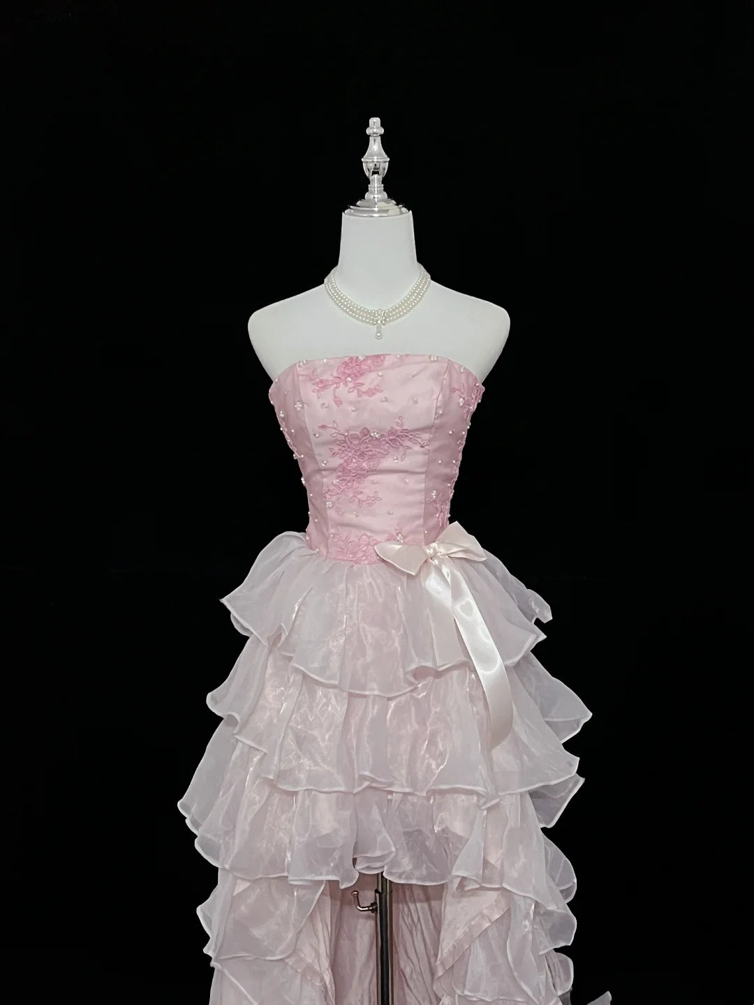 Romantic Pink Strapless Floral Appliques Beaded Bow A Line Short Homecoming Dress With Train Birthday Party Dress AS3192