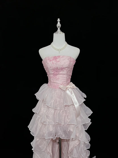 Romantic Pink Strapless Floral Appliques Beaded Bow A Line Short Homecoming Dress With Train Birthday Party Dress AS3192