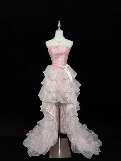 Romantic Pink Strapless Floral Appliques Beaded Bow A Line Short Homecoming Dress With Train Birthday Party Dress AS3192
