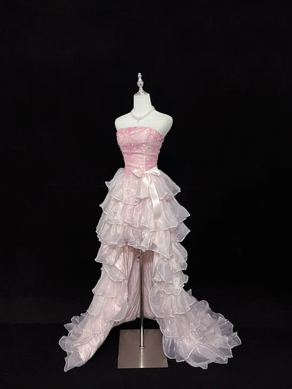 Romantic Pink Strapless Floral Appliques Beaded Bow A Line Short Homecoming Dress With Train Birthday Party Dress AS3192