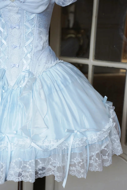 Dreamy Light Blue Sweetheart Puff Short Sleeves Beaded Lace Bow Corset A Line Lolita Short Homecoming Dress Birthday Dress AS3196