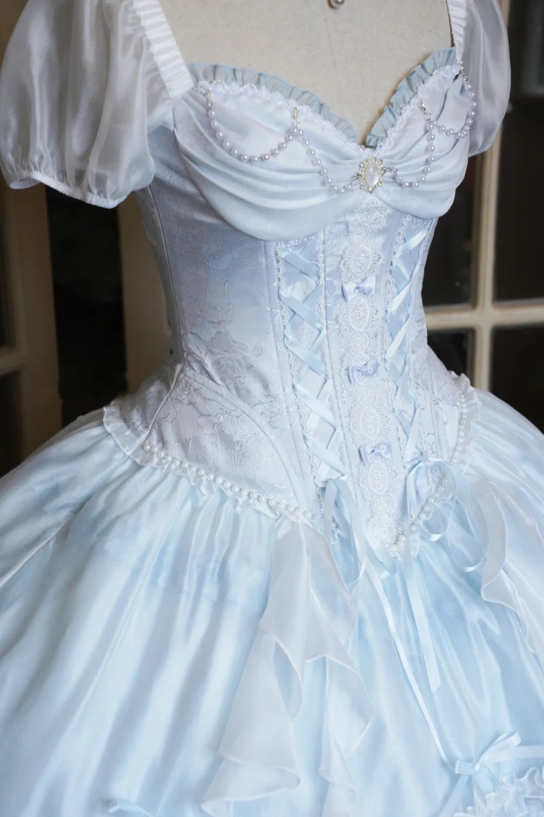 Dreamy Light Blue Sweetheart Puff Short Sleeves Beaded Lace Bow Corset A Line Lolita Short Homecoming Dress Birthday Dress AS3196