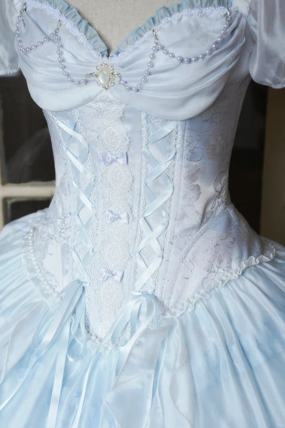 Dreamy Light Blue Sweetheart Puff Short Sleeves Beaded Lace Bow Corset A Line Lolita Short Homecoming Dress Birthday Dress AS3196
