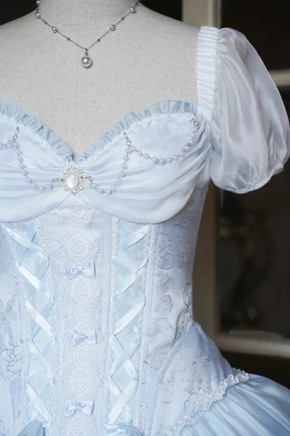 Dreamy Light Blue Sweetheart Puff Short Sleeves Beaded Lace Bow Corset A Line Lolita Short Homecoming Dress Birthday Dress AS3196