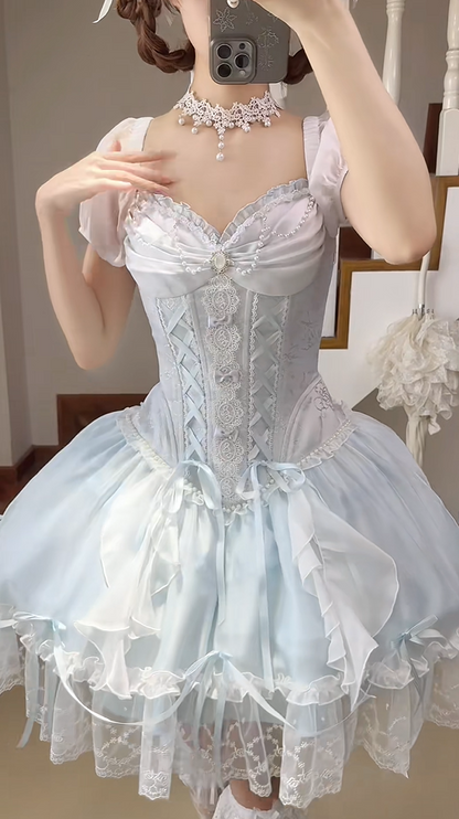 Dreamy Light Blue Sweetheart Puff Short Sleeves Beaded Lace Bow Corset A Line Lolita Short Homecoming Dress Birthday Dress AS3196