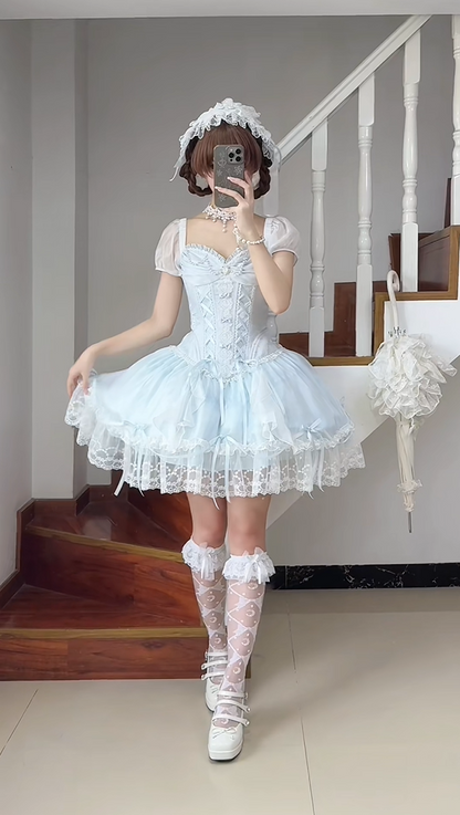Dreamy Light Blue Sweetheart Puff Short Sleeves Beaded Lace Bow Corset A Line Lolita Short Homecoming Dress Birthday Dress AS3196