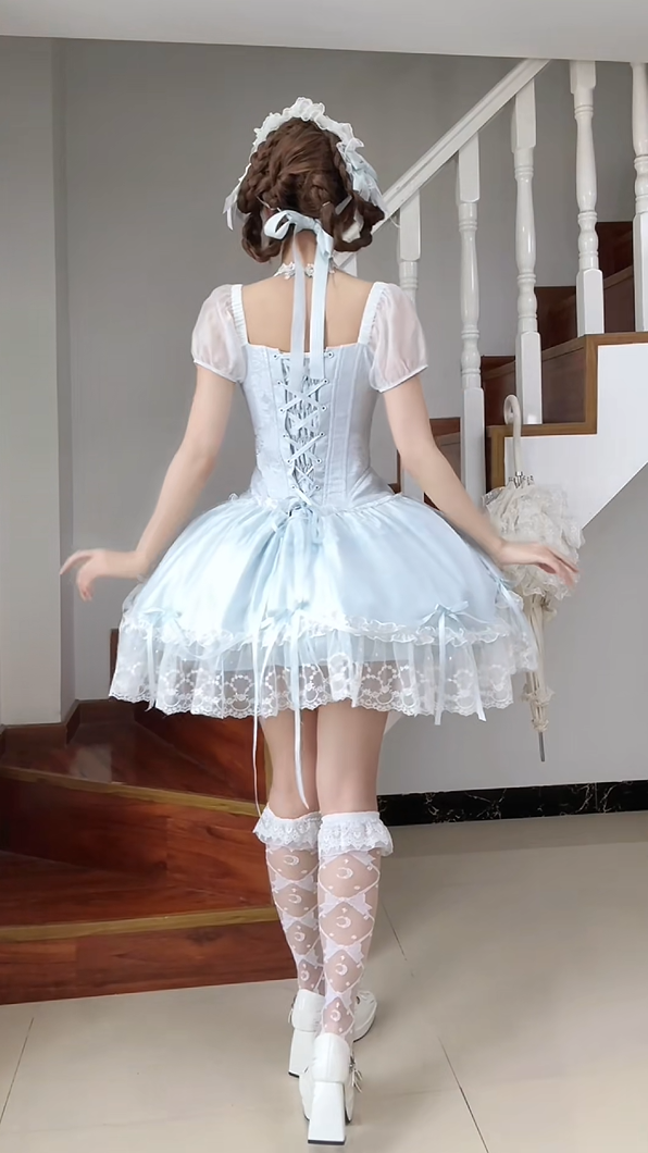 Dreamy Light Blue Sweetheart Puff Short Sleeves Beaded Lace Bow Corset A Line Lolita Short Homecoming Dress Birthday Dress AS3196