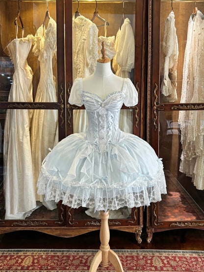 Dreamy Light Blue Sweetheart Puff Short Sleeves Beaded Lace Bow Corset A Line Lolita Short Homecoming Dress Birthday Dress AS3196