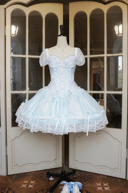 Dreamy Light Blue Sweetheart Puff Short Sleeves Beaded Lace Bow Corset A Line Lolita Short Homecoming Dress Birthday Dress AS3196