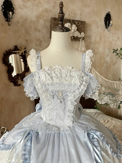 Airy Light Blue Straps Off Shoulder Heavy Lace A Line Lolita Short Homecoming Dress Birthday Dress AS3197